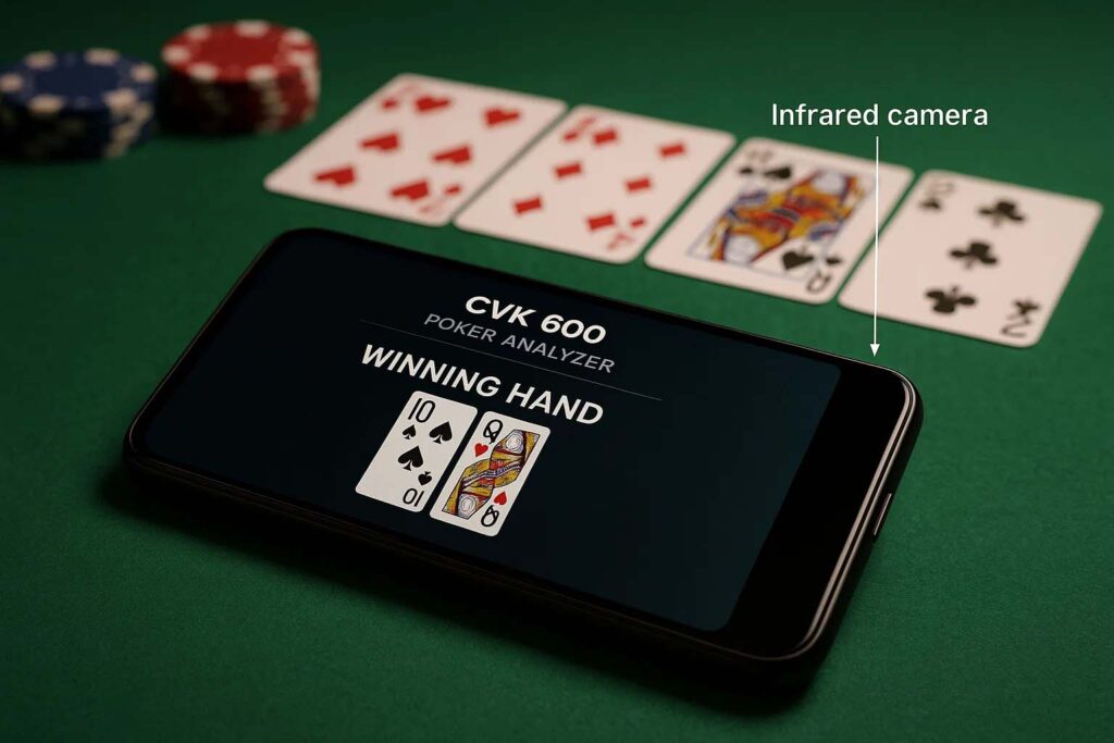 スマートフォンを装った CVK 600 ポーカー アナライザーが、テキサス ホールデム ゲームでバーコード マークの付いたカードをスキャンしています。