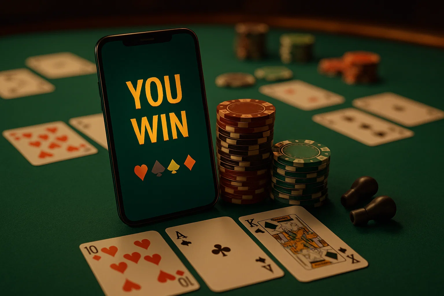Smartphone poker cheating analyzer on a Texas Hold’em table with barcode marked cards and Bluetooth earpiece