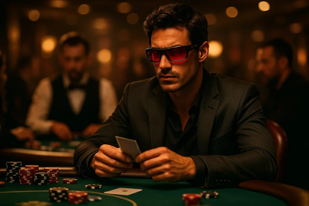 Poker player wearing infrared sunglasses during a live game, gaining an advantage with marked cards.