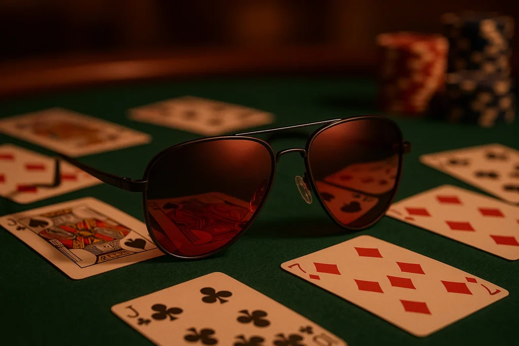 Stylish Aviator infrared sunglasses on a poker table with marked Bicycle cards, ready for live poker games.