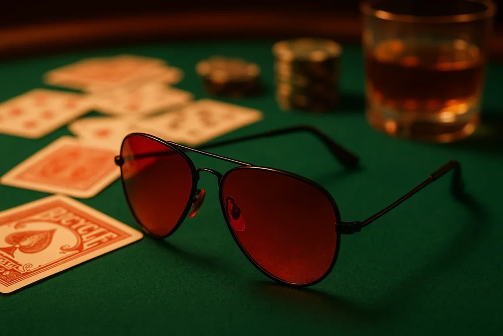 Elegantes gafas de sol Aviator negras de póquer sobre una mesa de póquer verde con cartas Bicycle marcadas en el fondo, que resaltan su uso en juegos de póquer.