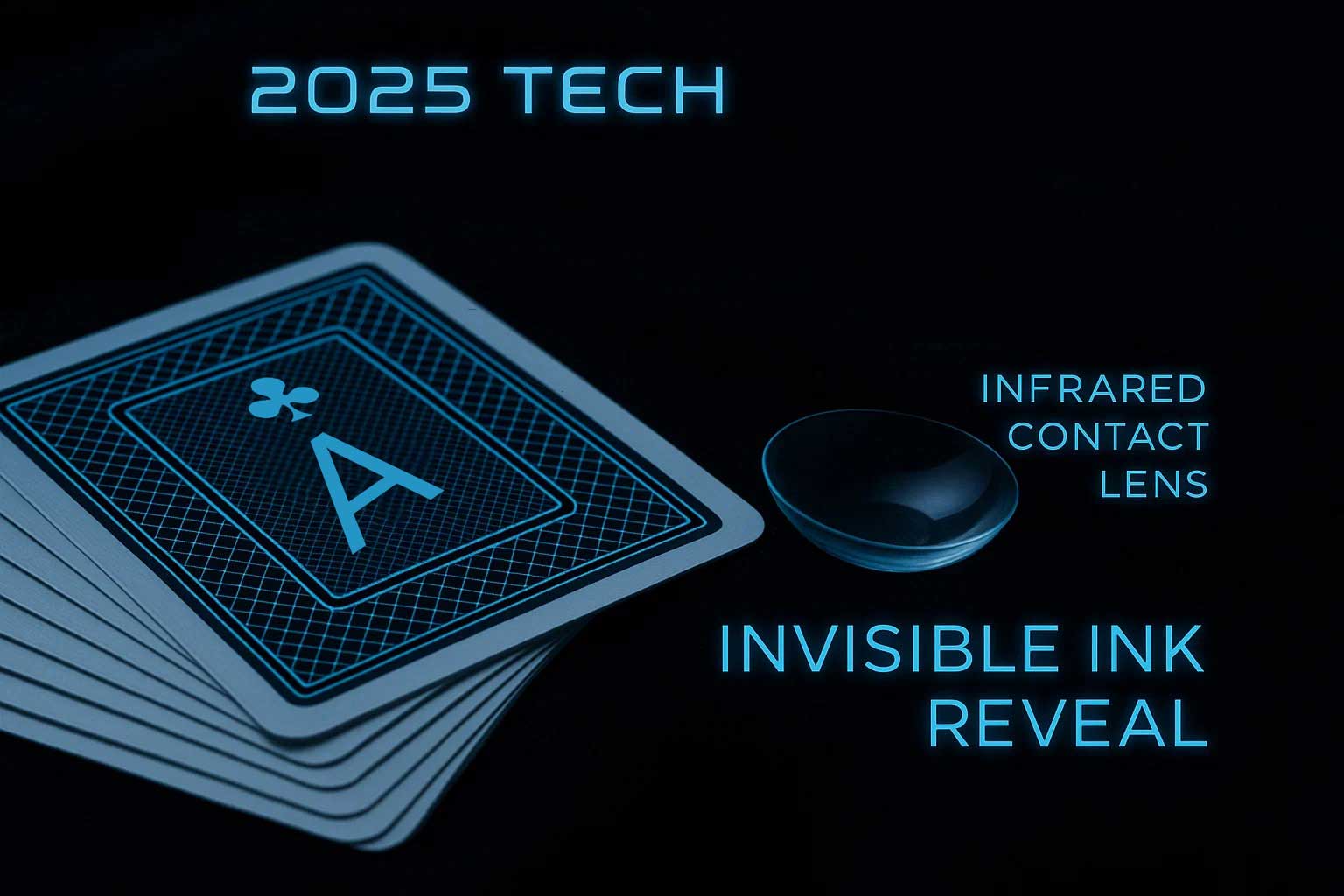Close-up view of infrared contact lenses revealing marked cards with invisible ink for poker and magic applications in 2025