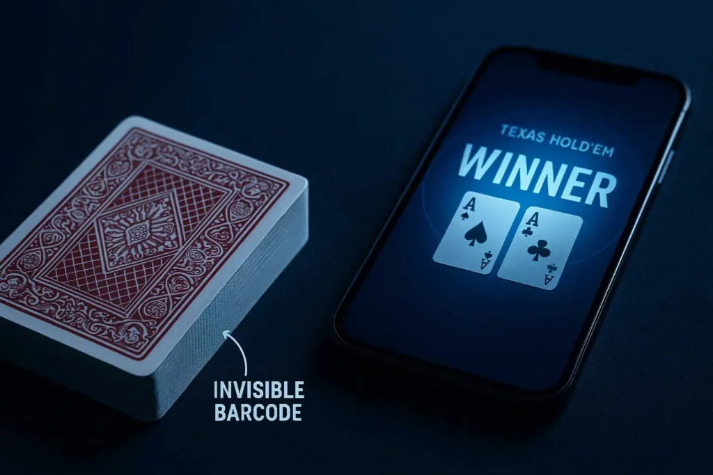 Крупный план игральных карт со штрихкодом, на котором виден невидимый штрихкод с края и технология сканирования для мошенничества в покере.