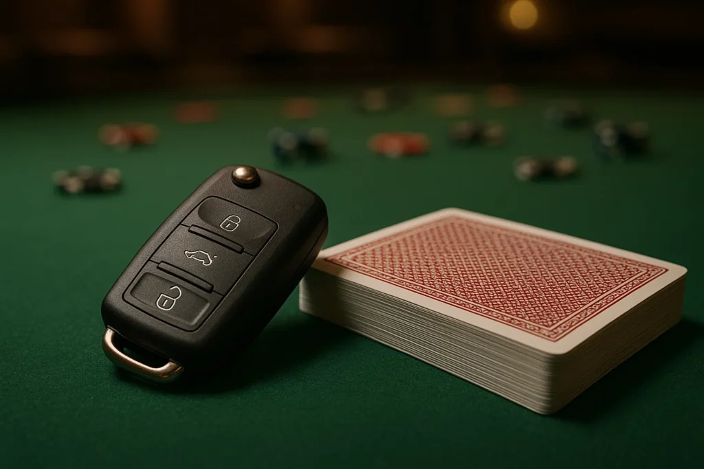 Camera quét chìa khóa xe trên bàn poker với các lá bài và chip có mã vạch