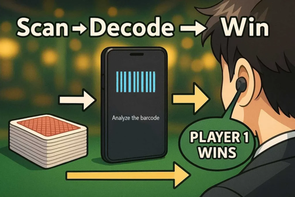 Диаграмма, поясняющая, как штрих-кодированные карты работают со сканированием и передачей данных в режиме реального времени в покерных играх.