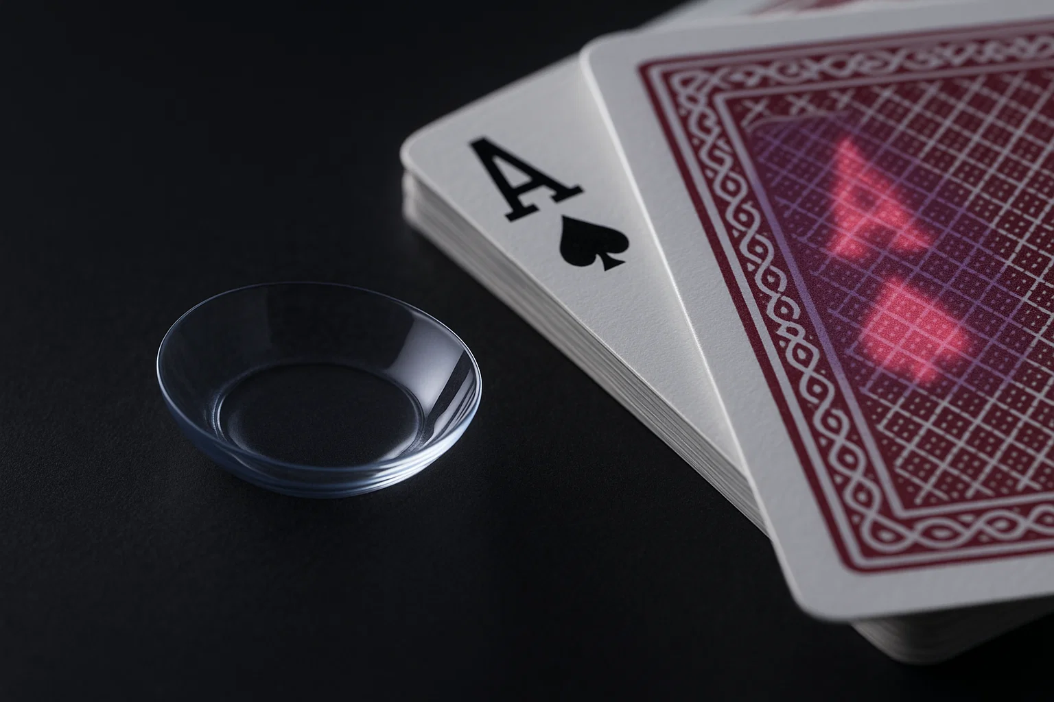 Close-up of eye with infrared contact lenses detecting marked poker cards to improve win rate
