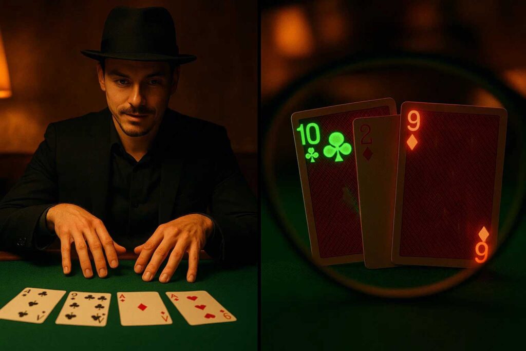 Split-view of infrared contact lenses in action, showing normal vs. enhanced vision of invisible ink on marked cards for poker strategies and magic illusions