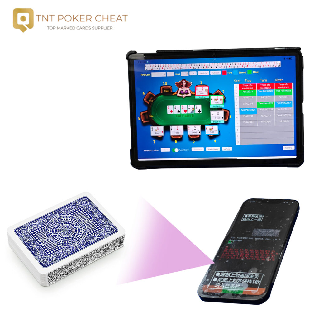 Texas Hold'em analysis tablet showing live hand data and player information.