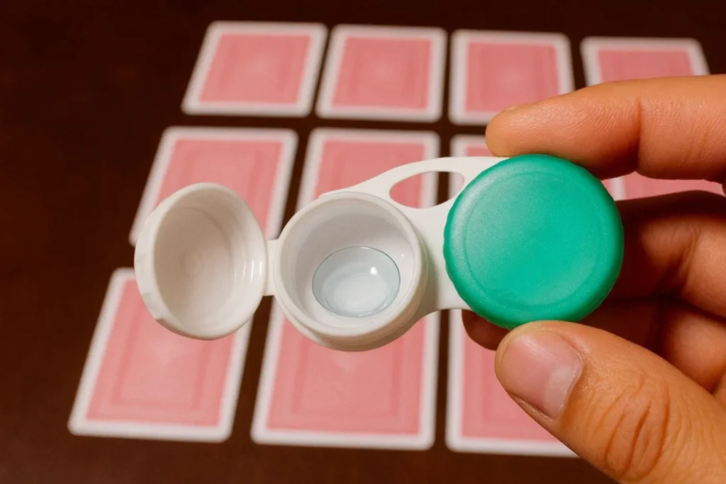 Mână ținând o cutie deschisă pentru lentile de contact care conține o lentilă de contact cu infraroșu